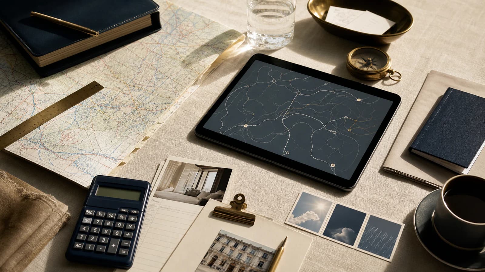 Original travel-planning still life with a route tablet, map, notebook, calculator, compass, and weather photographs