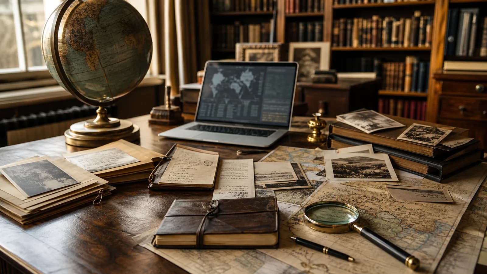 Independent travel research desk with maps, archive photographs, source folders, and a magnifier in warm library light