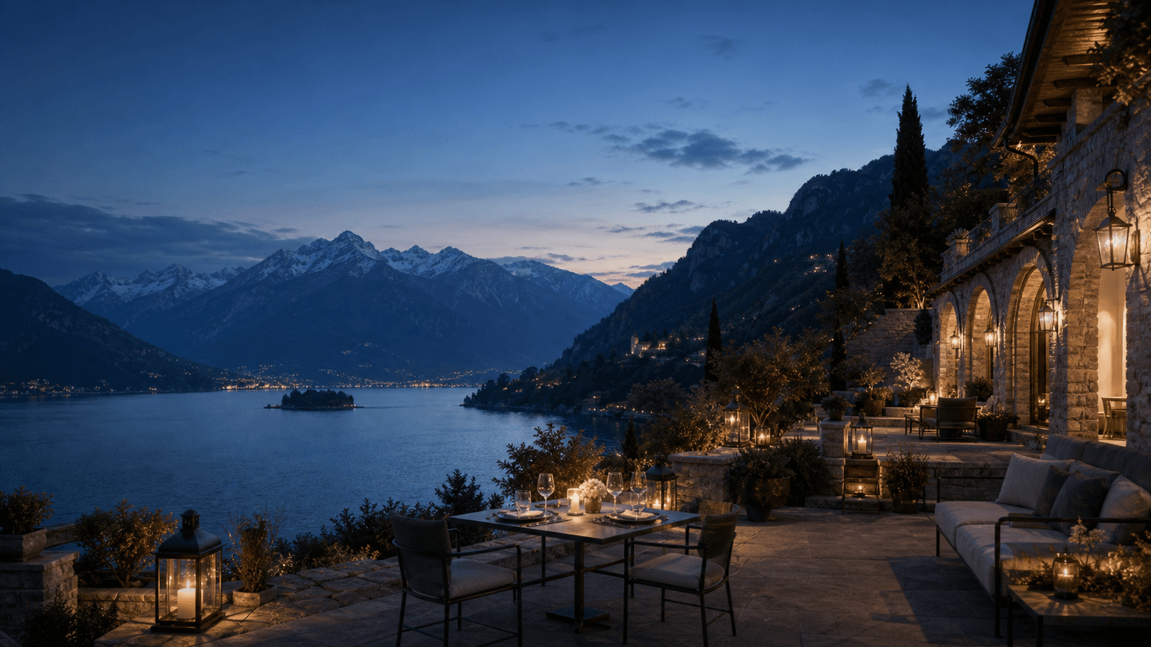 Lantern-lit alpine lake lodge terrace at blue hour