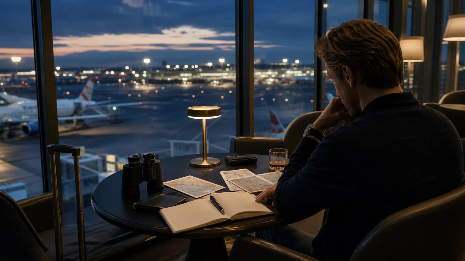 Traveller quietly comparing destination notes in an airport lounge overlooking evening departures