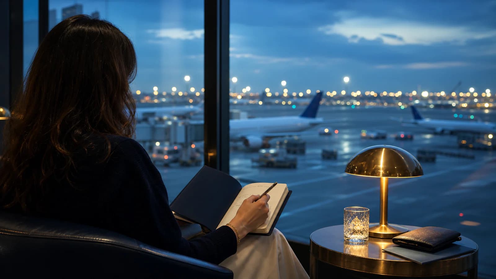 Woman traveller recording route observations in an airport lounge as aircraft wait beyond the glass at blue hour