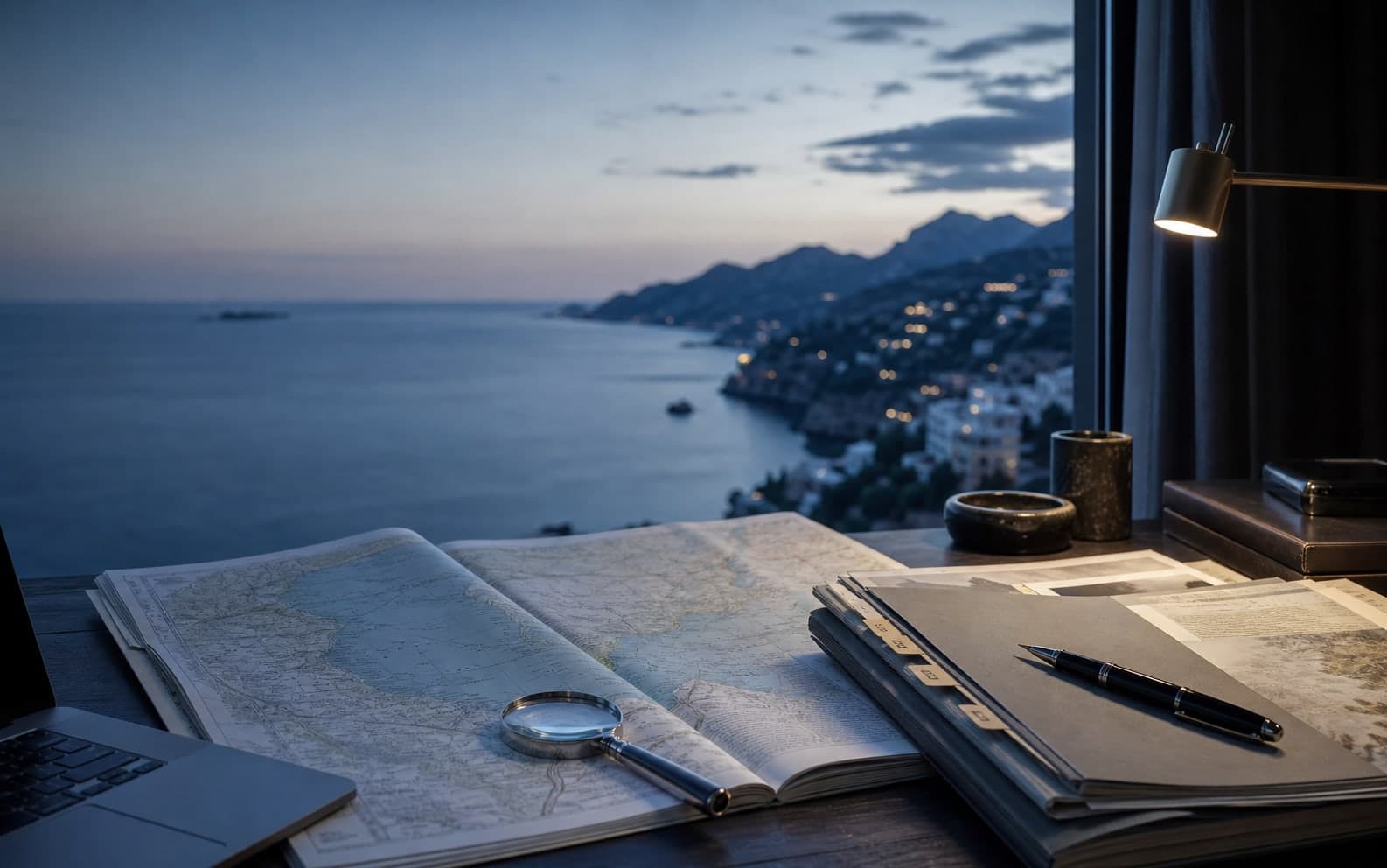 Travel research desk with maps and source documents overlooking a Mediterranean coast