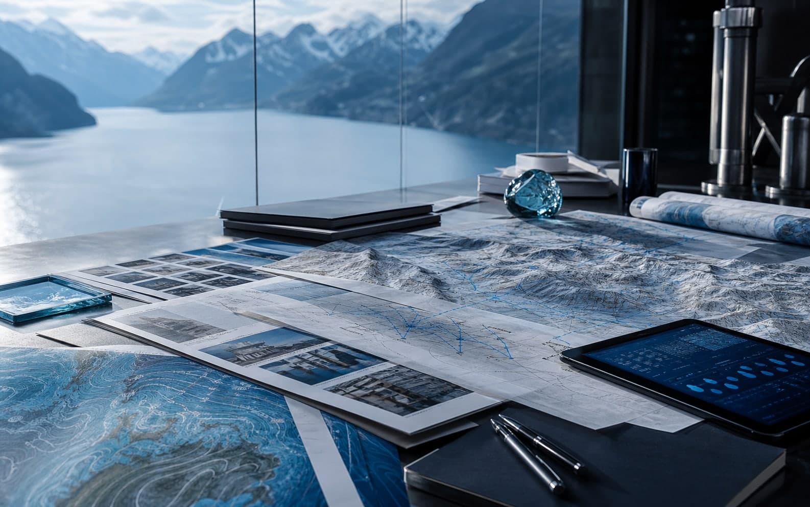 Travel research studio with maps, route notes, and non-readable data charts