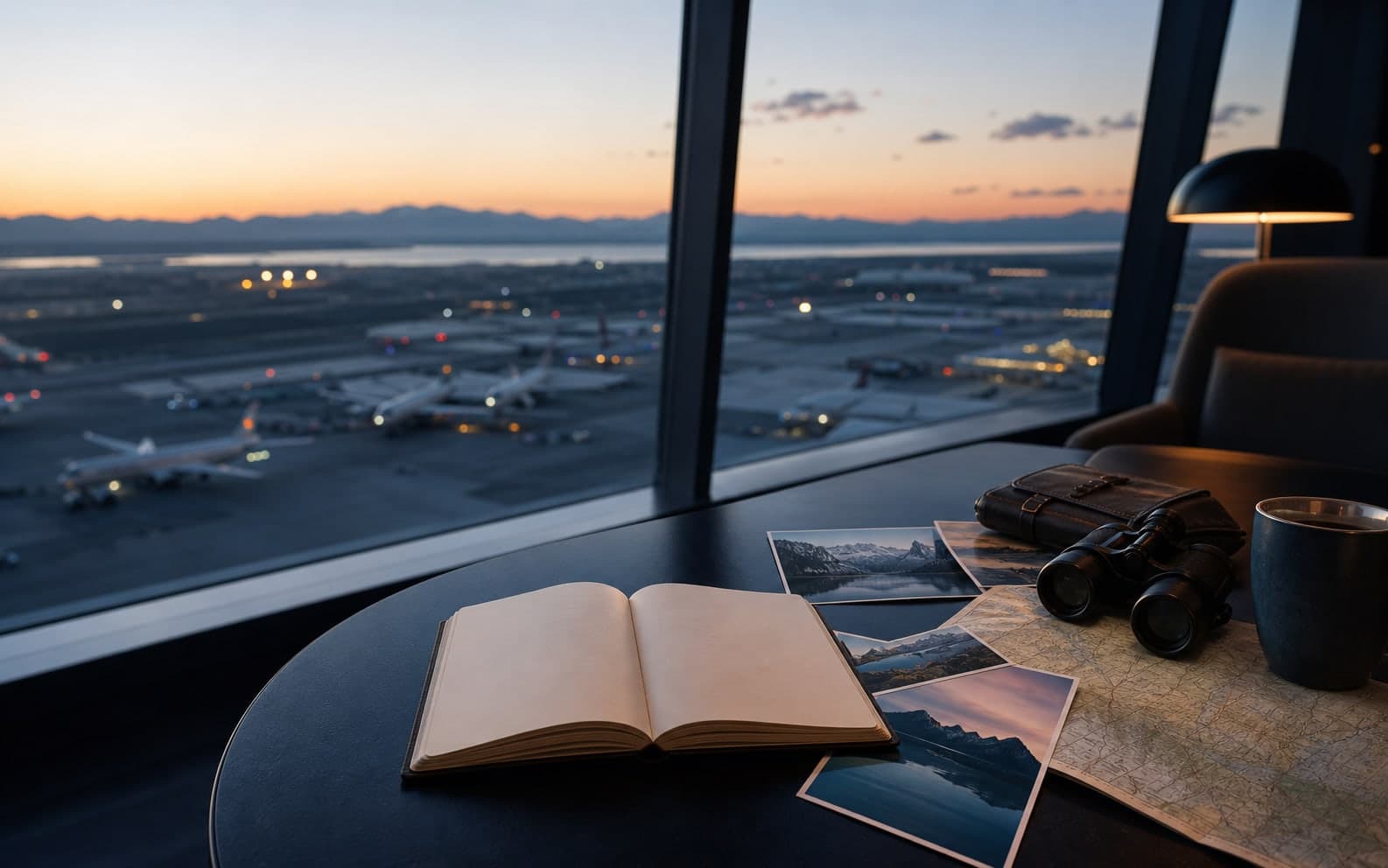 Travel planning table overlooking an airport at dawn