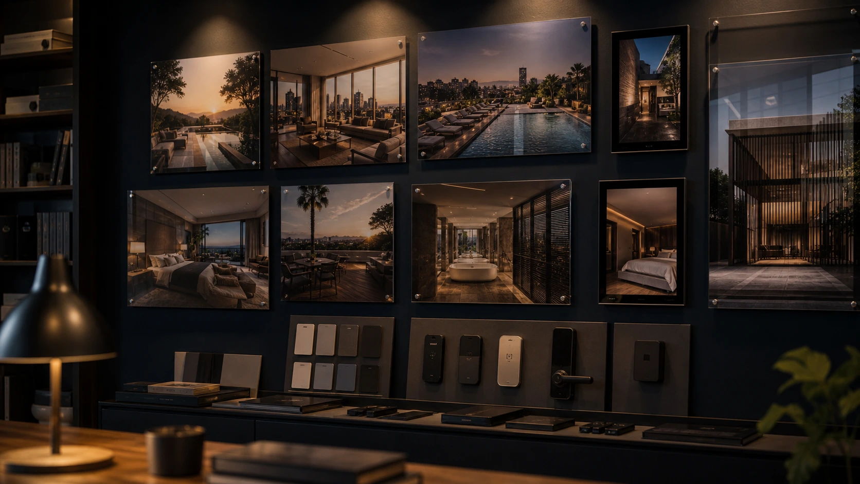 Curated gallery wall of framed hotel photography and brass room keys in warm gallery light