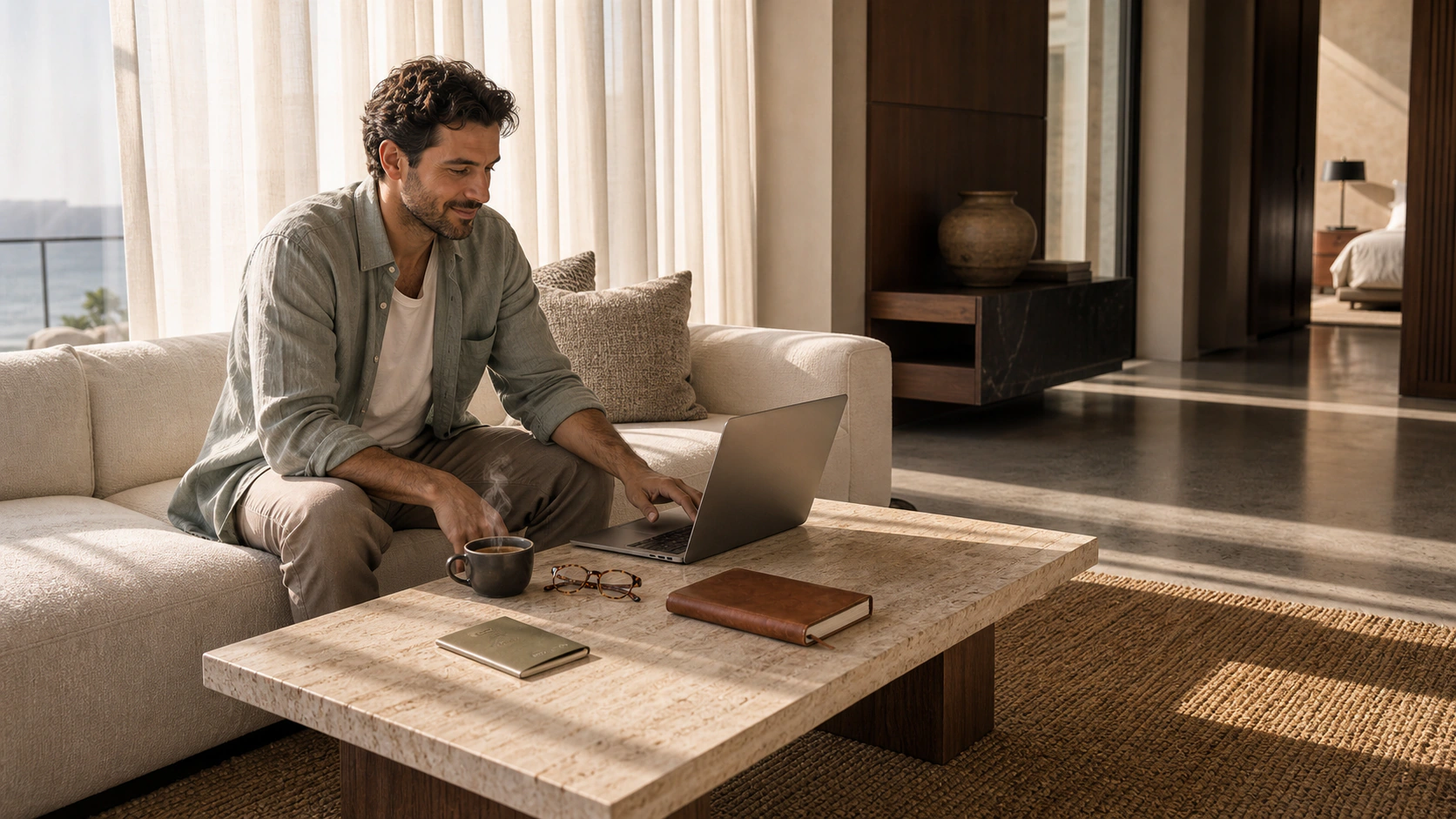 A relaxed luxury traveller in a sun-drenched modern hotel suite finishing their booking on a laptop, espresso and a leather notebook on a low travertine table beside them, late golden-hour light.