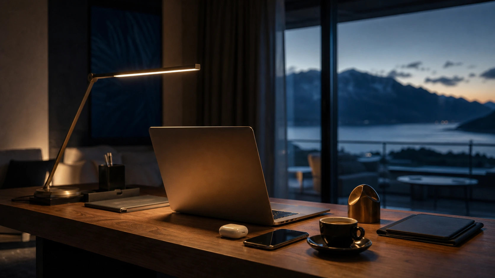 Quiet pre-dawn workspace with an open laptop and travel notes lit by warm lamplight