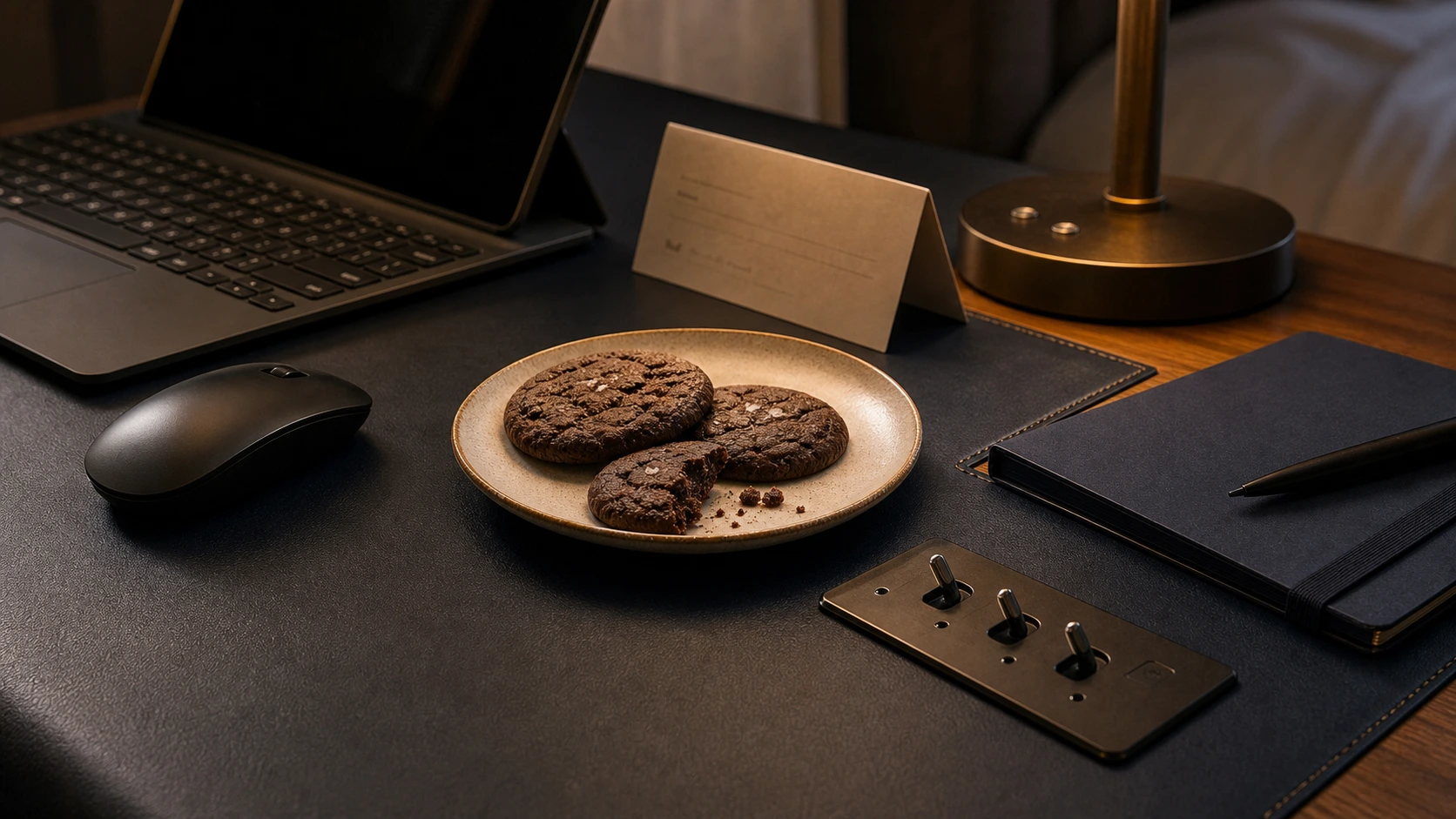 Modern desk with an open laptop, notebook, warm lamp, and plate of cookies