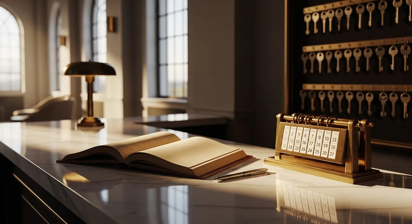 A luxury hotel concierge desk with an open leather ledger and a brass perpetual calendar