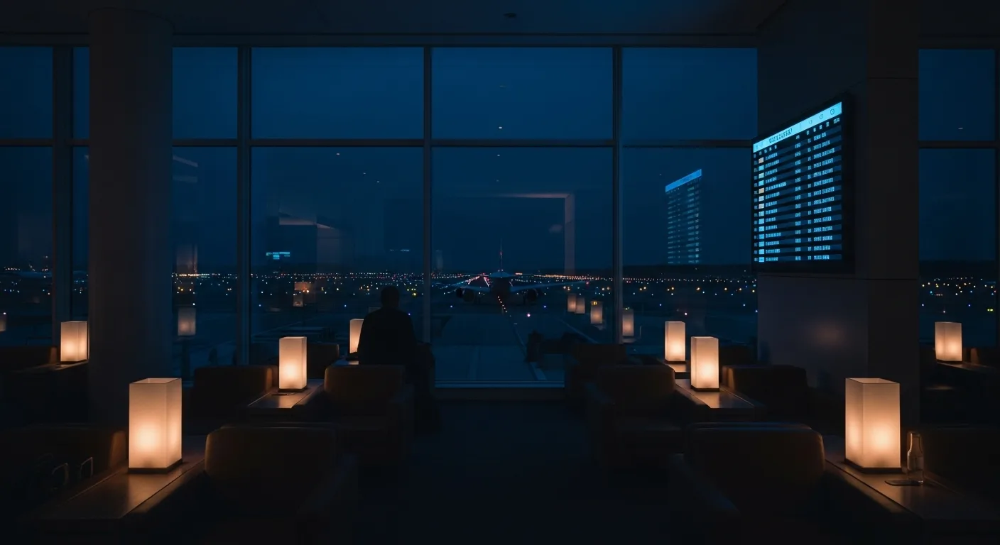 A lone traveler watching a jet taxi under runway lights from a quiet night airport lounge