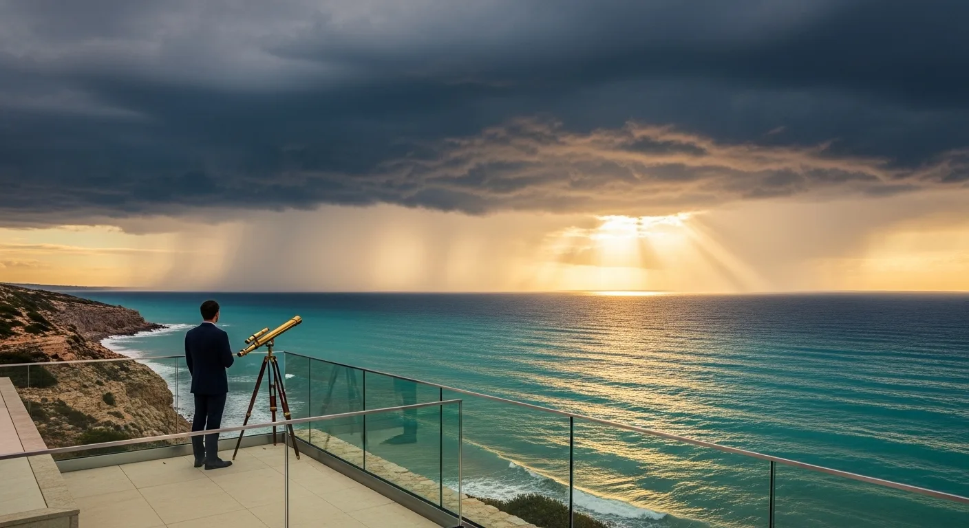 Traveler on a clifftop hotel terrace watching sun break through a coastal storm