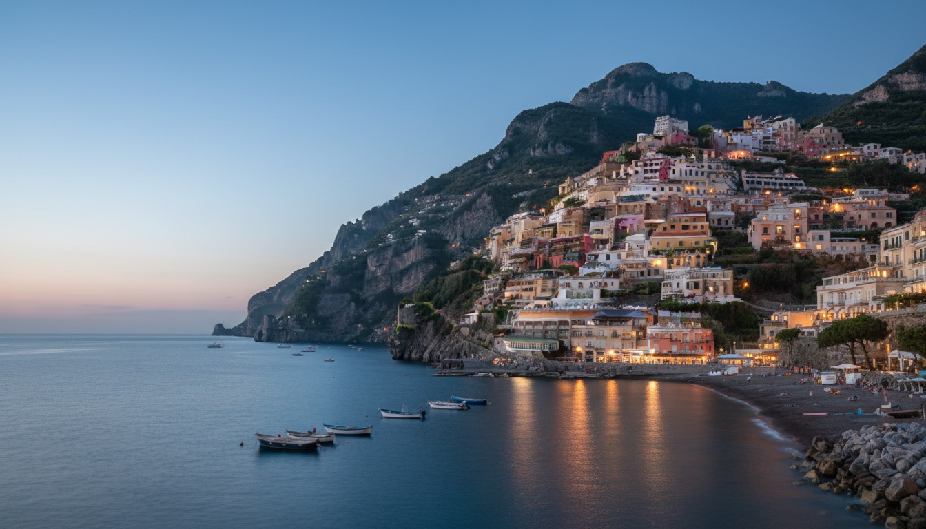 Positano cascading down the cliff to a calm sea at blue-hour dusk