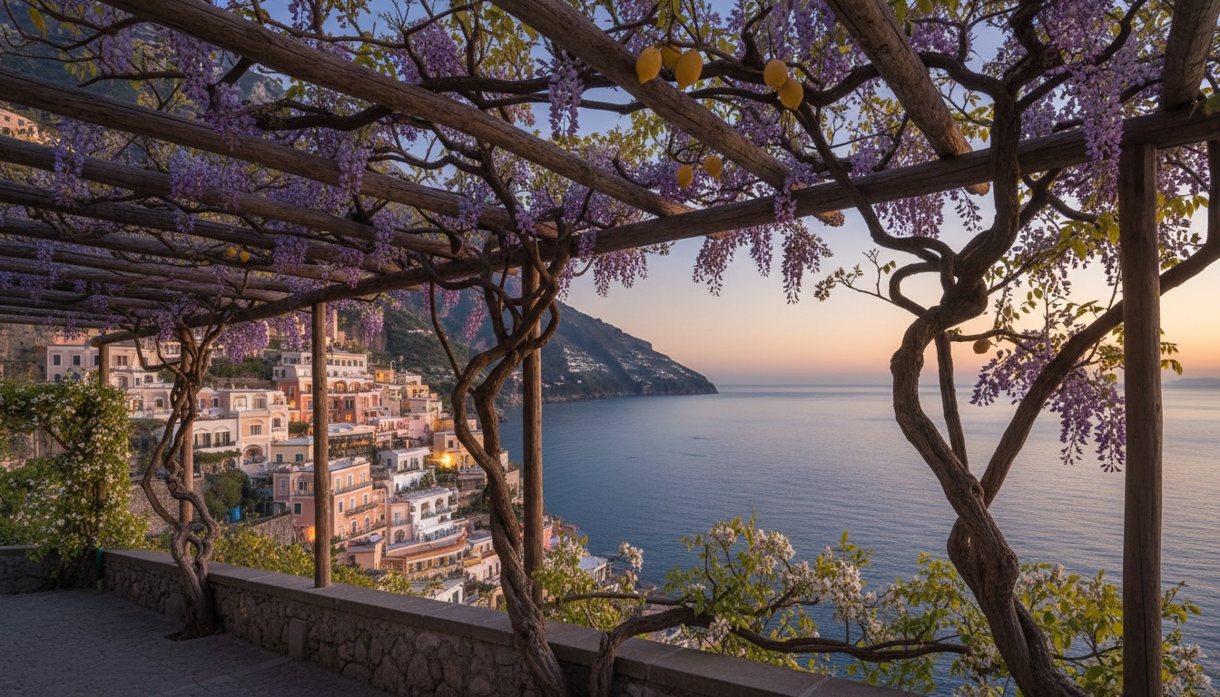 Wisteria and lemon blossom over a cliffside pergola above the sea