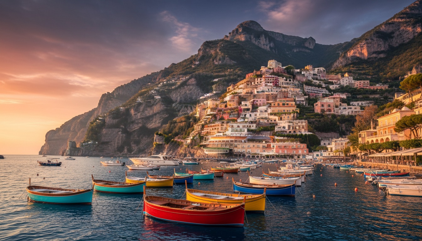 Colorful boats in a small Amalfi harbor beneath towering cliffs