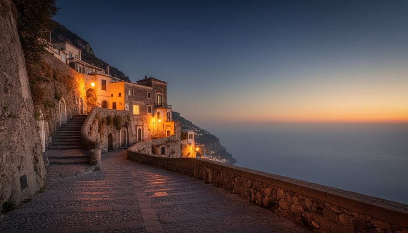 Quiet stone lanes and warm lamps in a cliff village at dusk