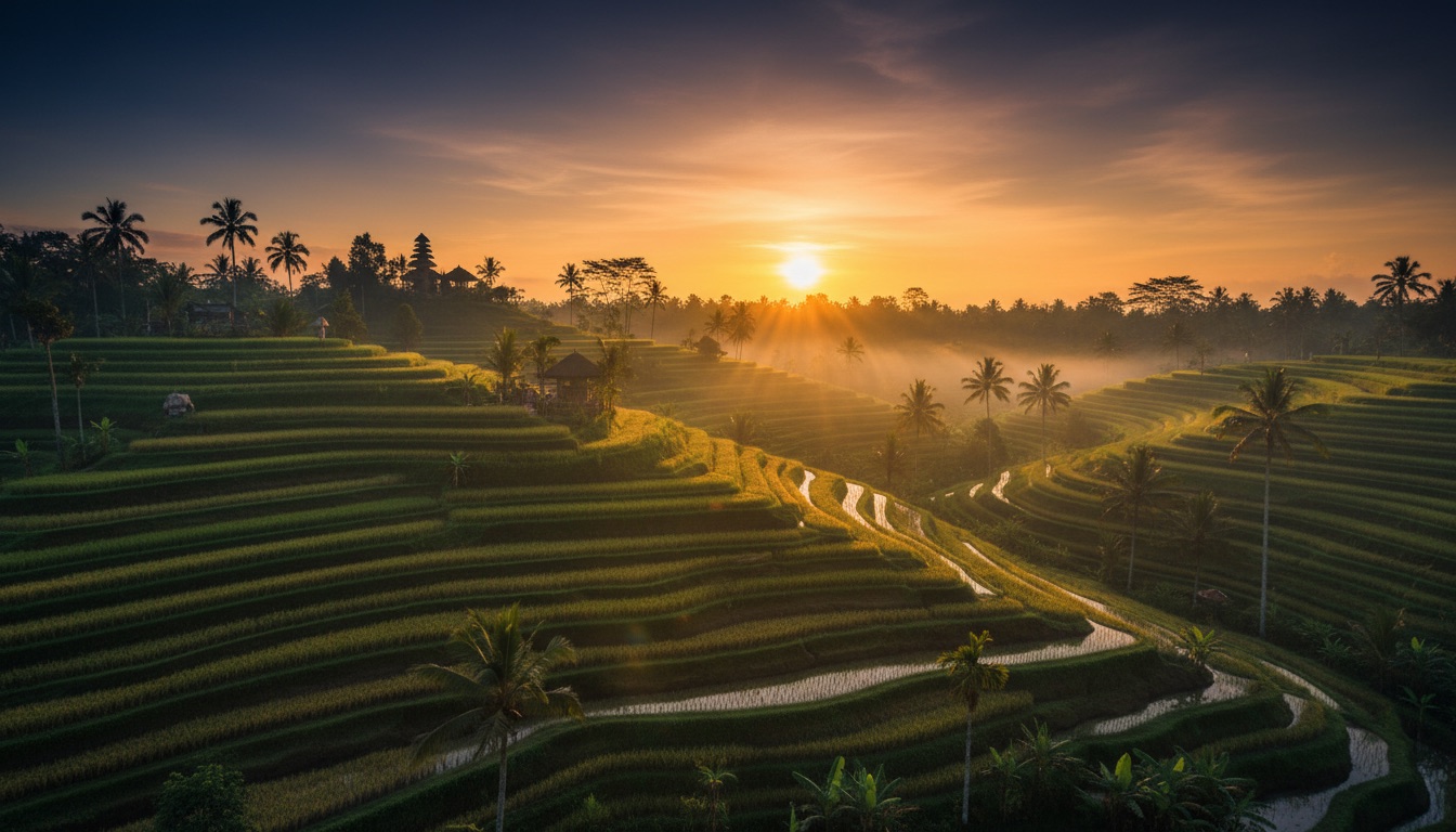 Emerald rice terraces at golden sunrise with mist in the palms