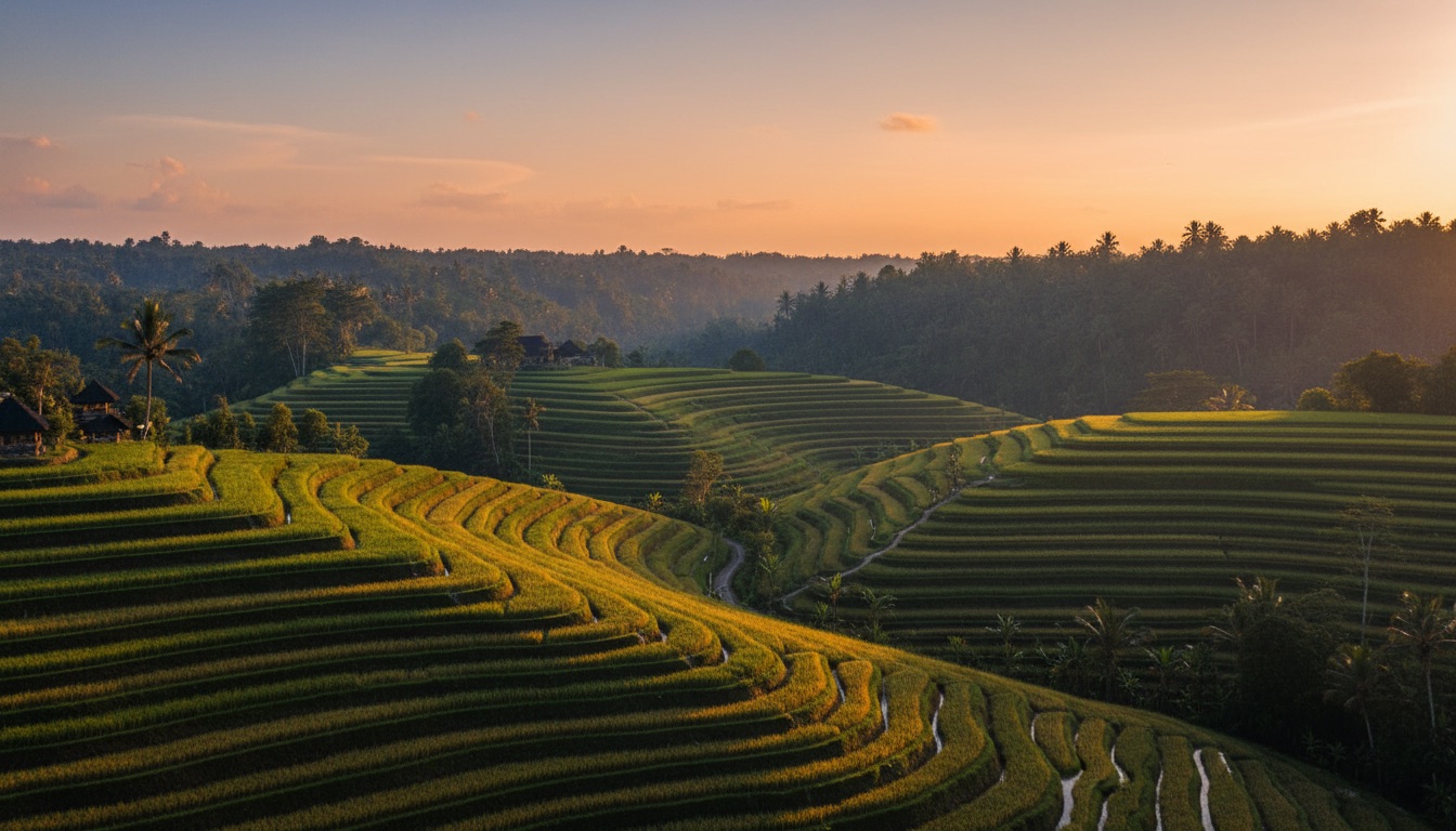 Layered green rice terraces under clear golden afternoon light