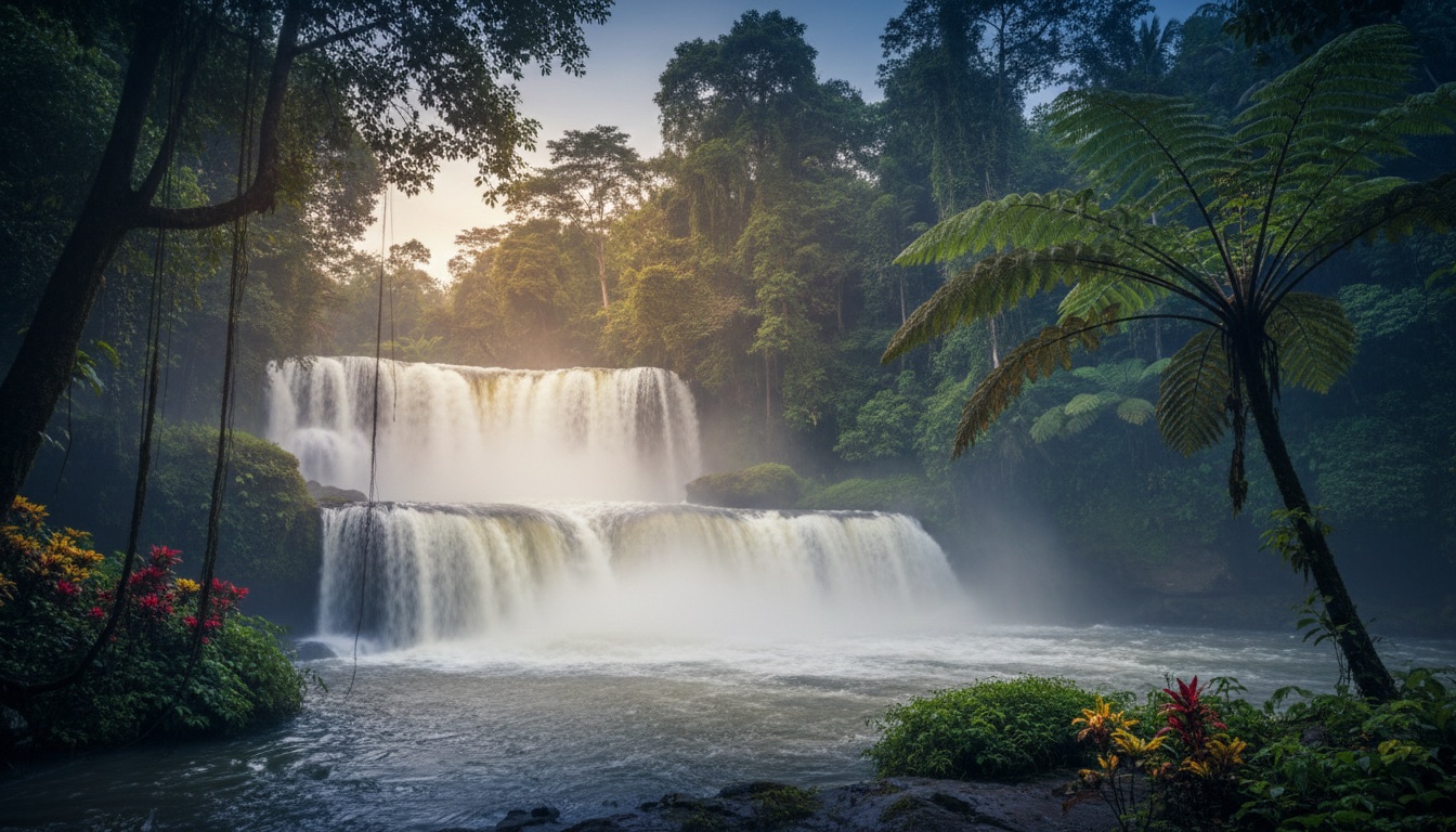 A jungle waterfall in dense wet-season foliage and mist