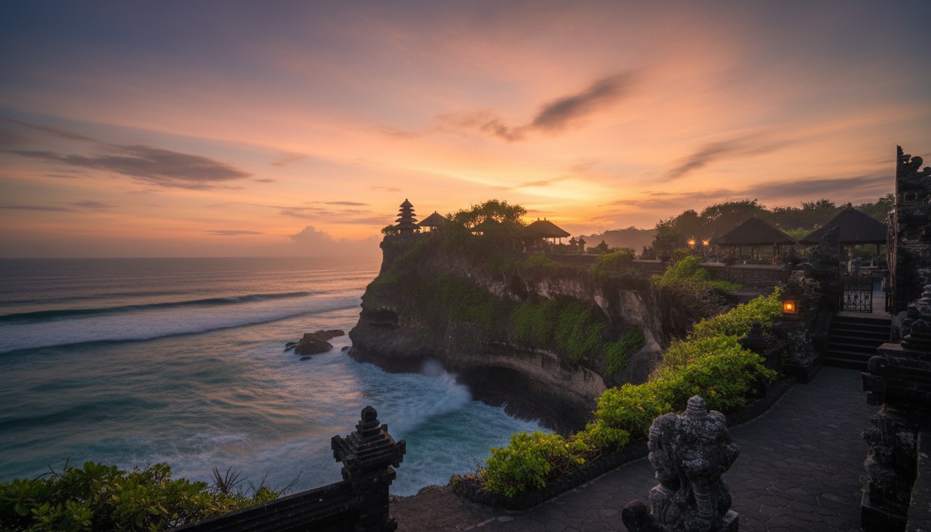 A clifftop sea temple at dusk with waves breaking below