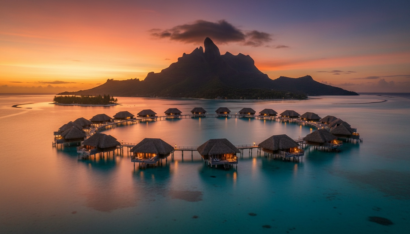 Mount Otemanu rising over the turquoise lagoon with overwater bungalows at golden hour