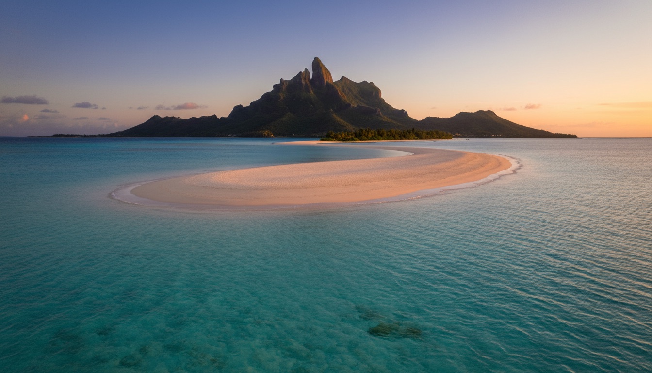 Crystal turquoise lagoon and white sandbar with the green peak behind