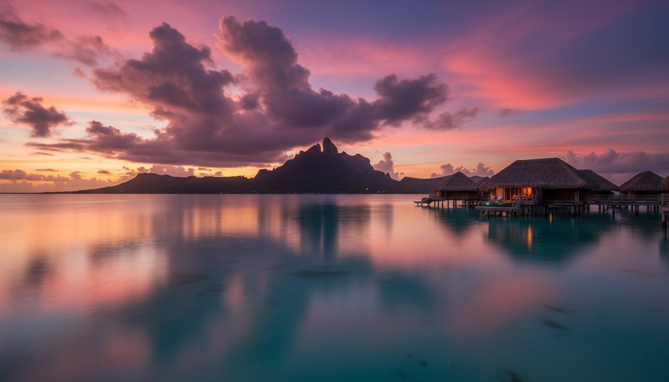 Pink and violet clouds glowing over the lagoon at sunset