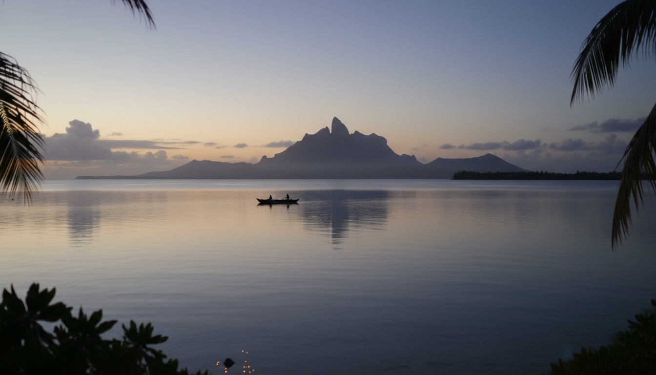 A glassy lagoon at quiet morning with a distant outrigger canoe