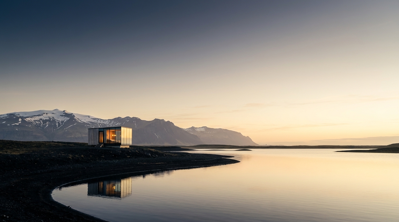 A glass cabin beside a still glacial lagoon in Iceland at golden hour