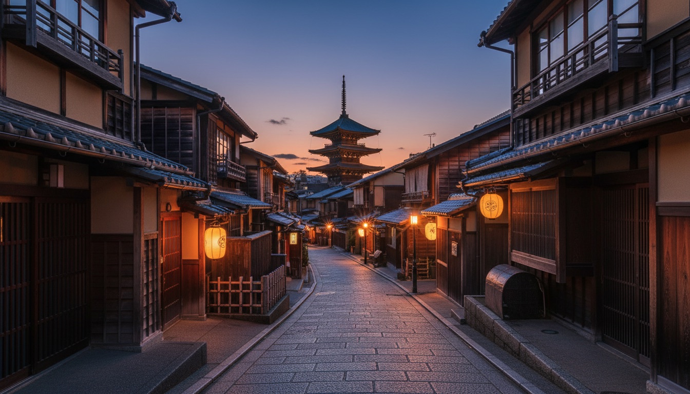 A stone lane in Higashiyama at dusk with lanterns and a pagoda above the rooftops
