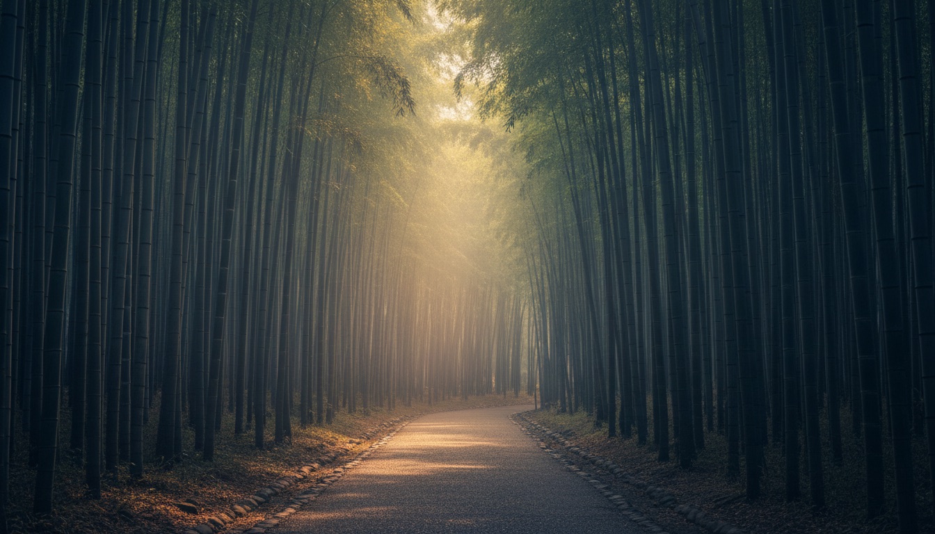 A quiet bamboo grove path in soft golden morning light