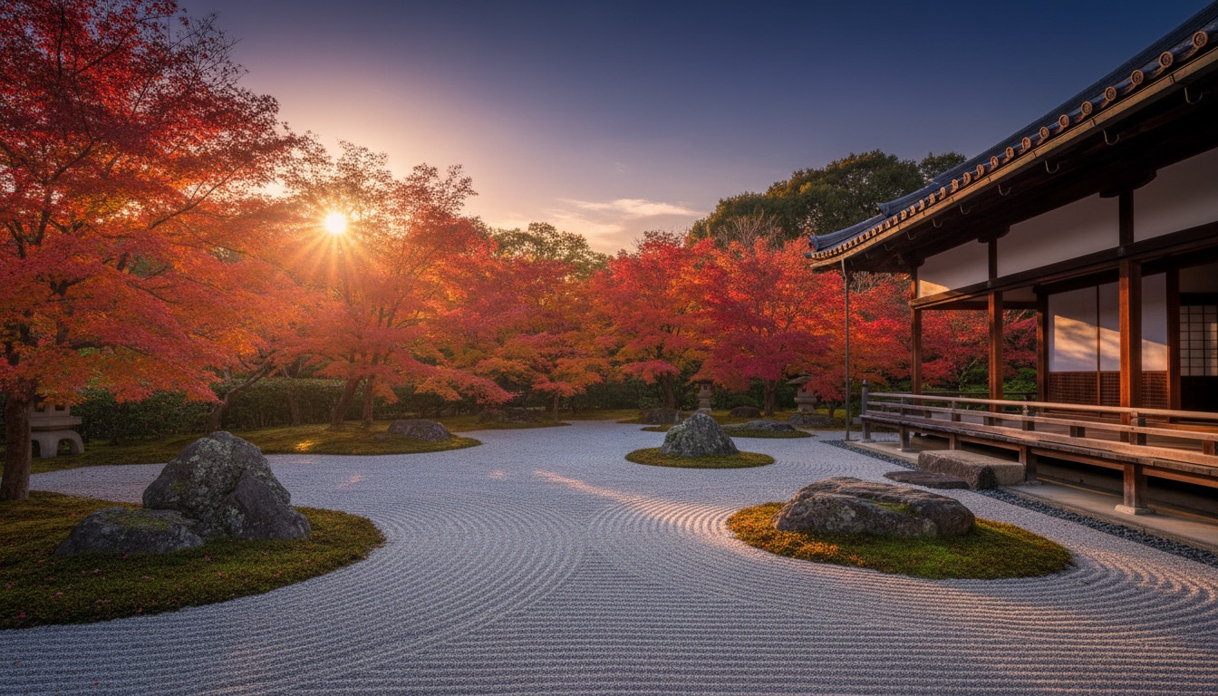 A zen garden of raked gravel and crimson maples in late light