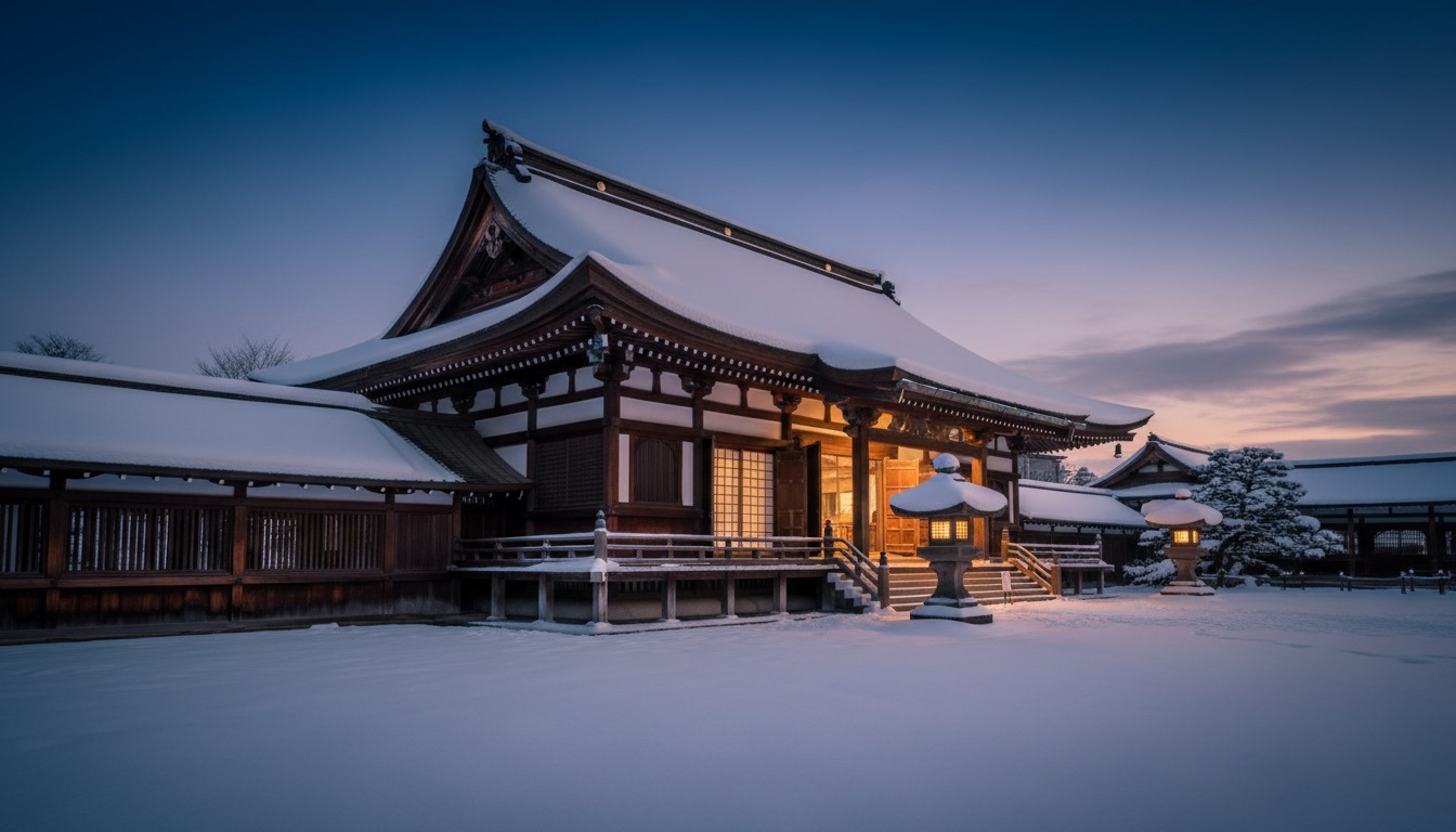 Fresh snow on a temple roof and stone lanterns at dusk
