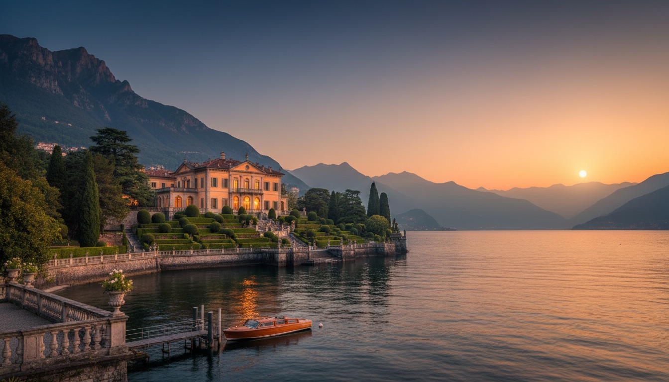 A lakeside villa with cypress gardens on Lake Como at golden dusk