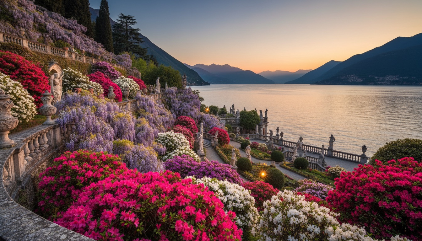 Azalea and wisteria terraces stepping down to the calm lake