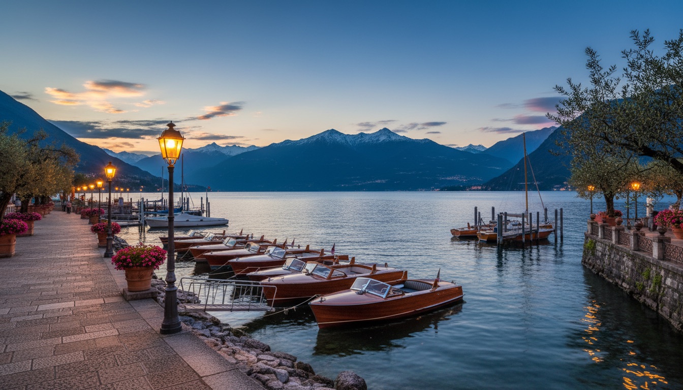 A lakeside promenade at dusk with lanterns and moored boats