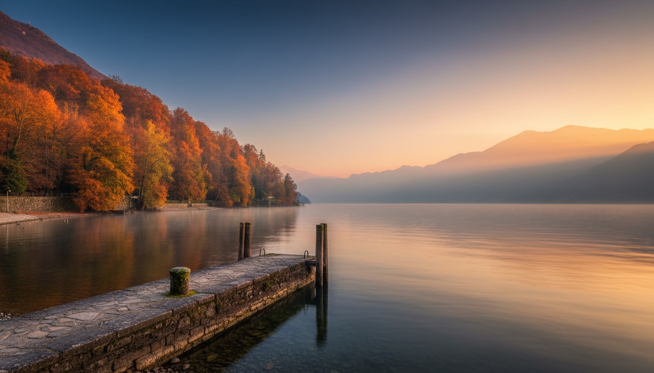 Autumn mist over the lake with amber trees and a stone jetty