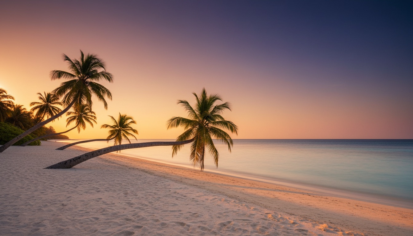 A white-sand Maldivian beach with leaning palms and mirror-calm turquoise water