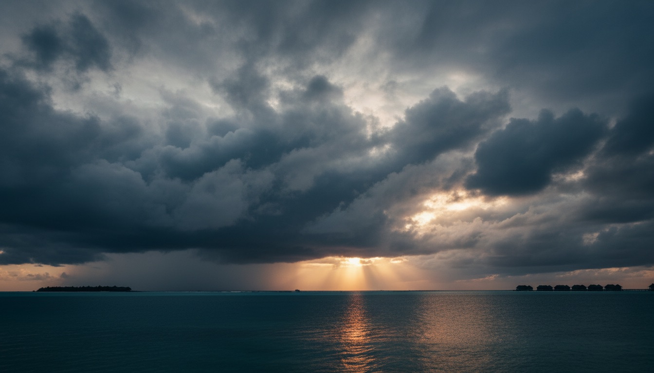 Silver monsoon clouds over a dark teal Maldivian lagoon with sun breaking through