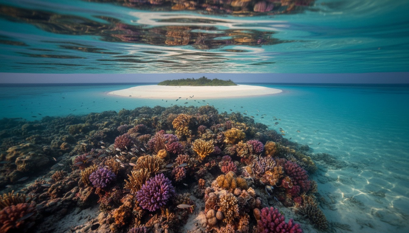 A coral reef just beneath the surface of a clear Maldivian lagoon at morning light