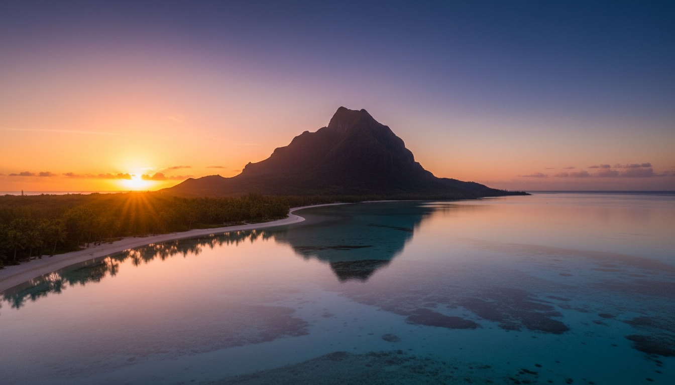 Le Morne mountain over a turquoise lagoon with a palm-fringed beach at dusk