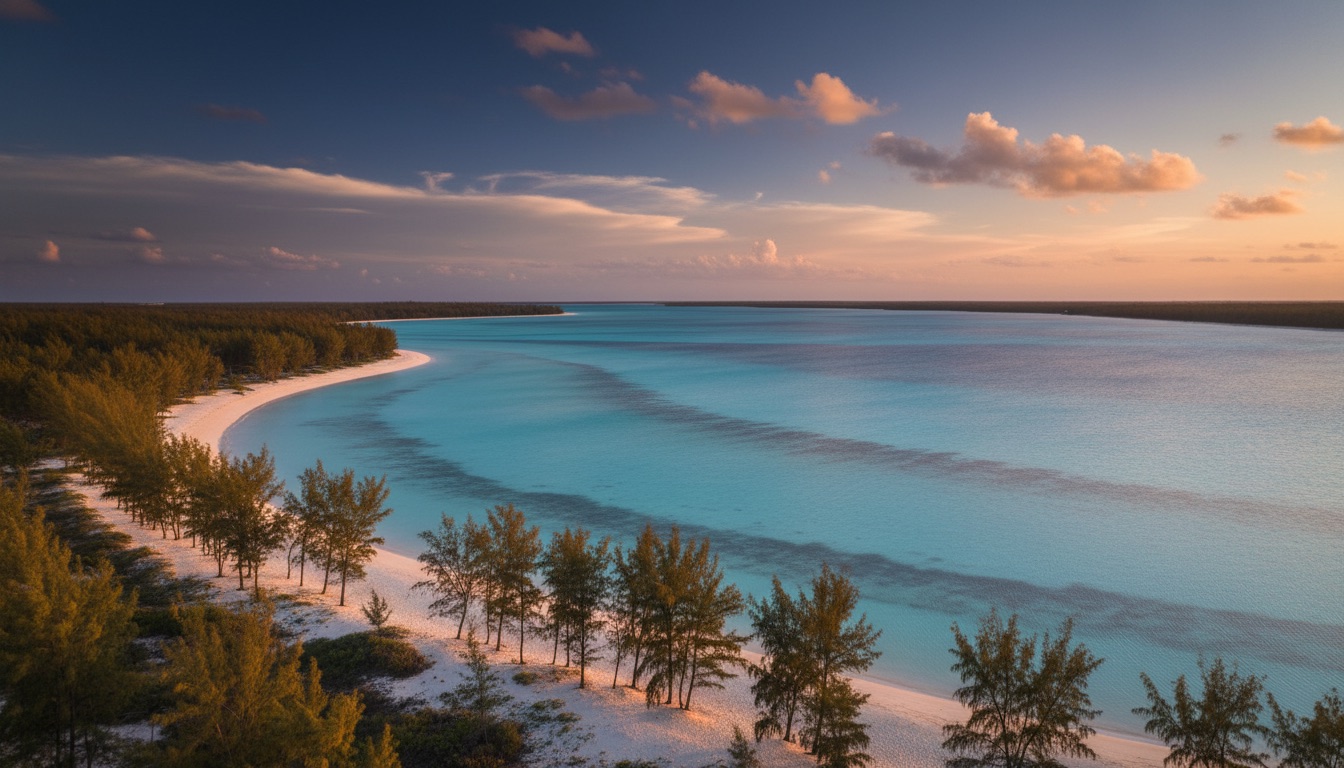 A calm layered turquoise lagoon with casuarina trees over white sand