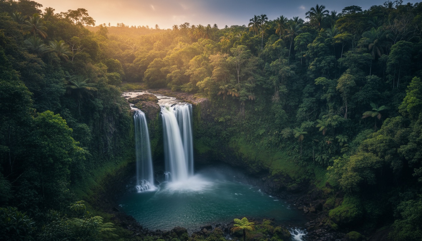 A waterfall dropping into a lush jungle gorge in dramatic light