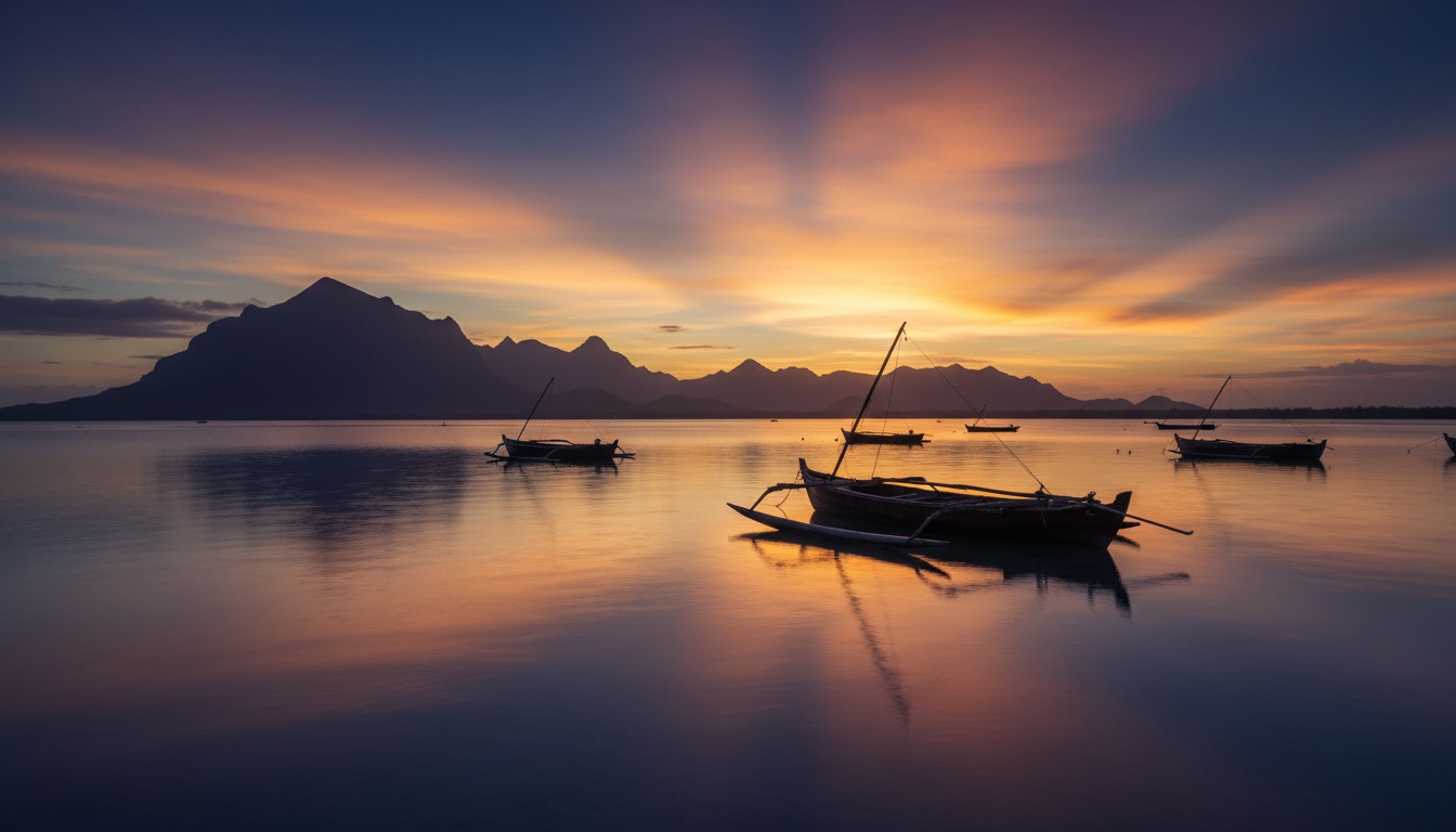 Fishing pirogues silhouetted on a glassy lagoon at dusk