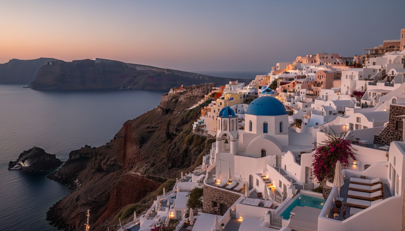 Whitewashed houses and a blue-domed church on the Santorini caldera at golden hour