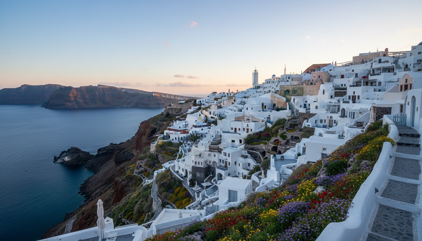 Spring wildflowers and white houses above the Santorini caldera