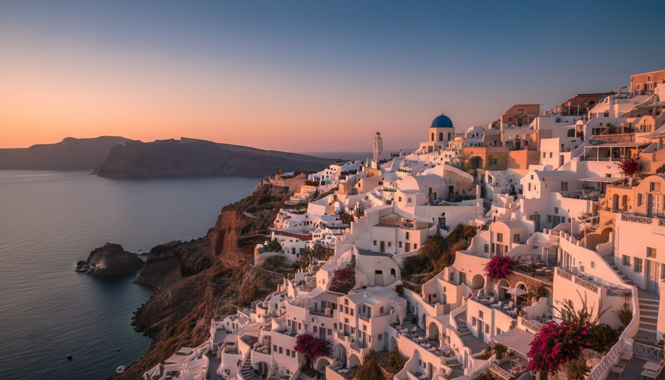 White cave houses glowing amber at a peak-summer Santorini sunset