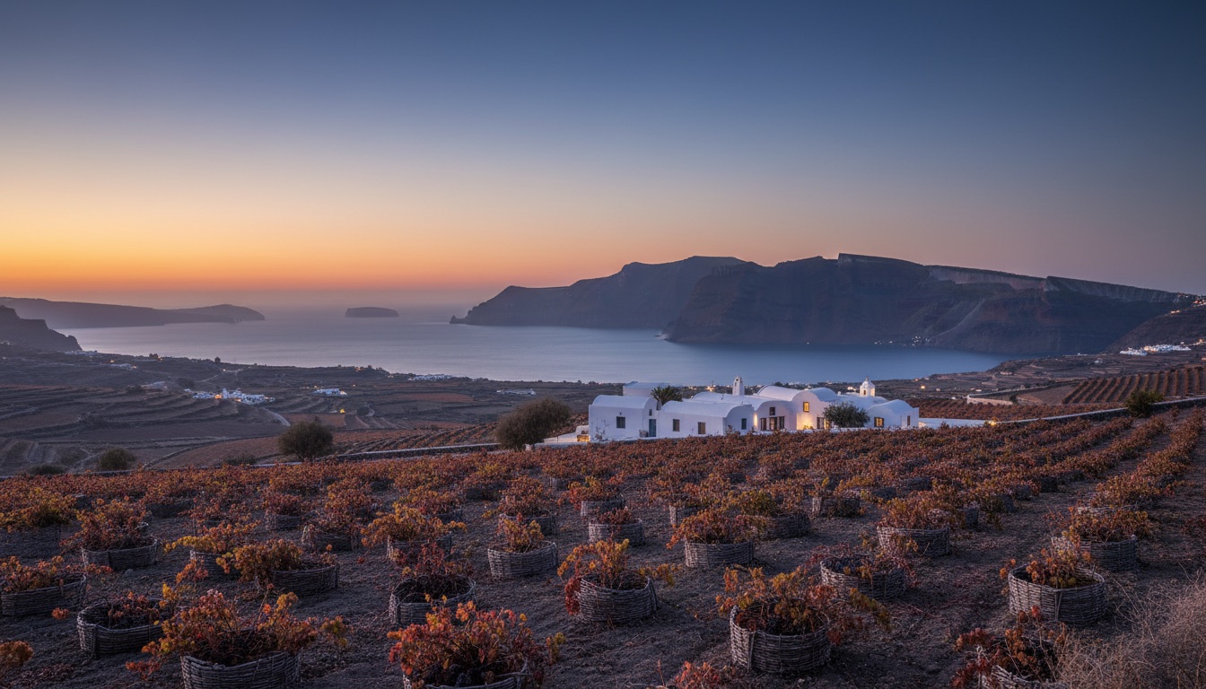 Basket-trained vines in a quiet Santorini vineyard in warm autumn light