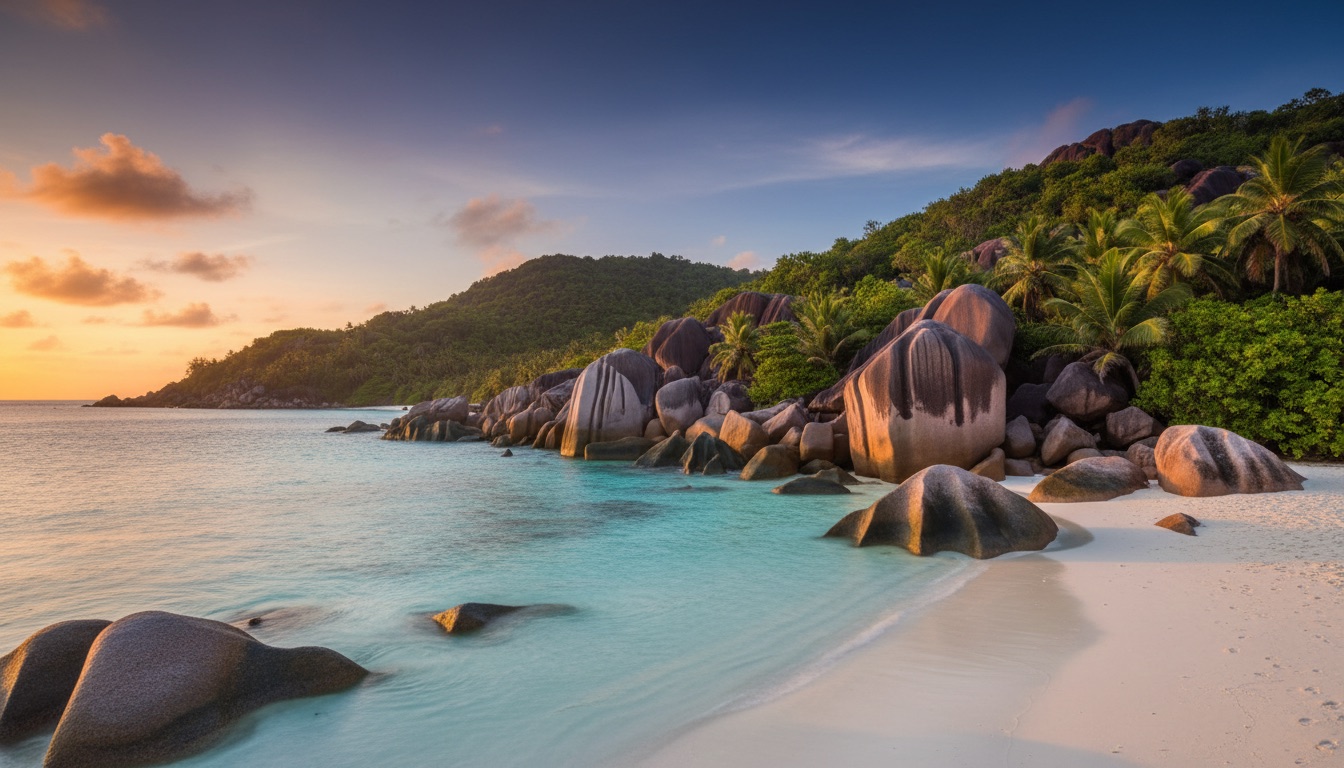 Giant granite boulders on a white beach with turquoise shallows at golden hour