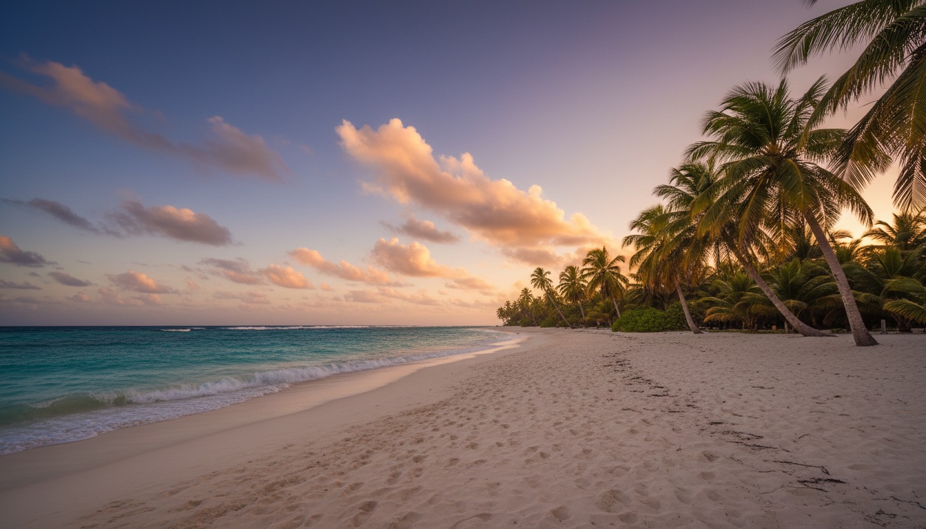 Palms bending in the trade-wind breeze over a bright beach