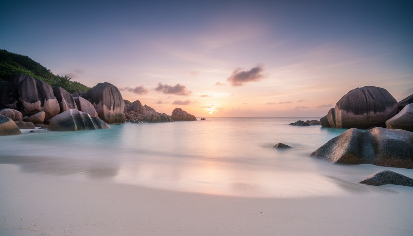 Pink-tinged granite boulders on an empty shoreline at soft sunrise